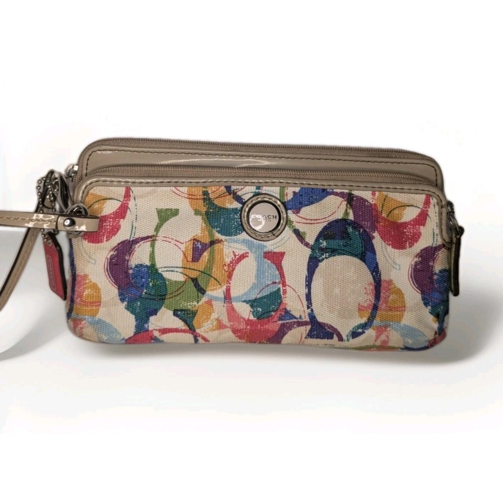 Coach Poppy Graffiti Signature C Multicolor Double Zip Wristlet Wallet Khaki